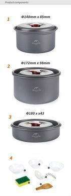 Набор посуды Naturehike 2-3 NH (2 каструли+ кришки+сковорода) NH15T203-G grey 6927595787205 фото